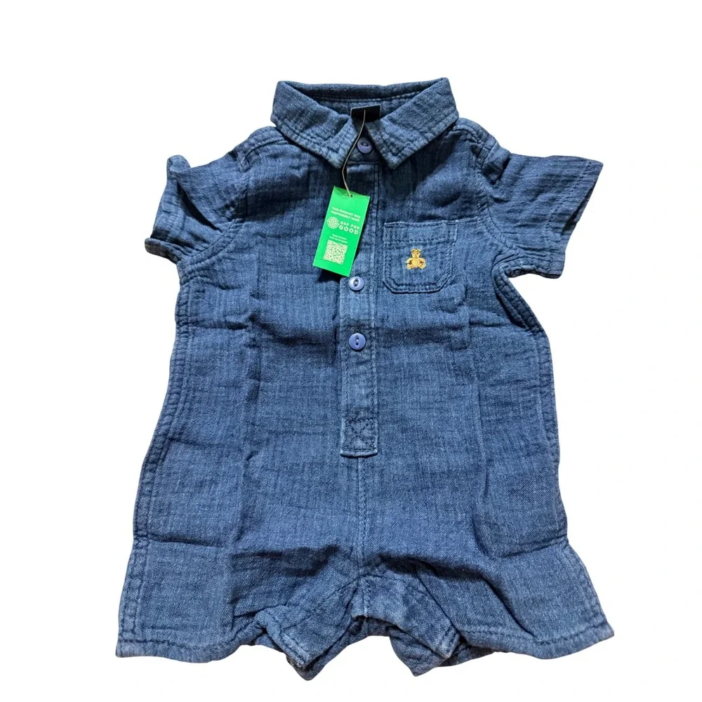 Baby Gap Blue Double Gauze Cotton Brannan Bear Romper 0-3 Months NEW